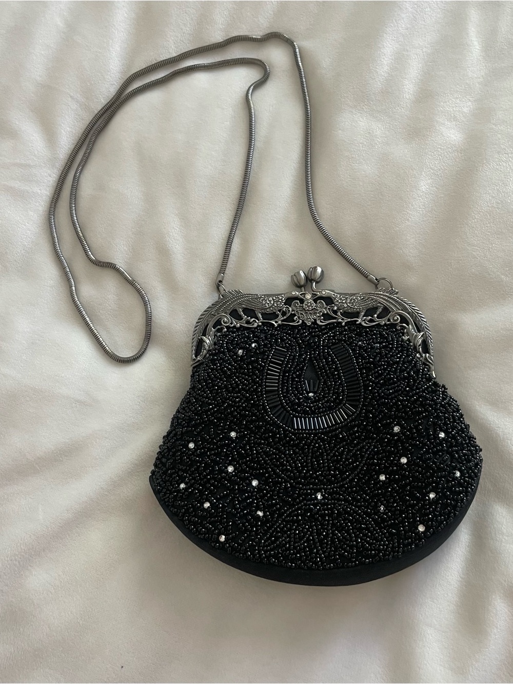 Vanessa Black Beaded, Peacock Frame, kiss-lock bag